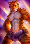 abs abstract_background anthro biceps blue_eyes bottomwear brown_body brown_fur bulge chromatic_aberration clothed clothing countershading detailed_bulge eyebrows fangs fur genital_outline glitter humanoid_penis_outline male multicolored_body multicolored_fur muscular muscular_anthro muscular_male navel open_mouth orange_body orange_fur pants pecs penis_outline pink_nose raised_eyebrow shorts sideways-pointing_bulge simple_background skimpy smile solo standing striped_body striped_fur stripes teeth topless whiskers white_body white_countershading white_fur zootopia_shorts cheetahpaws disney zootopia tiger_dancer_(zootopia) felid mammal pantherine tiger 2016 digital_media_(artwork)