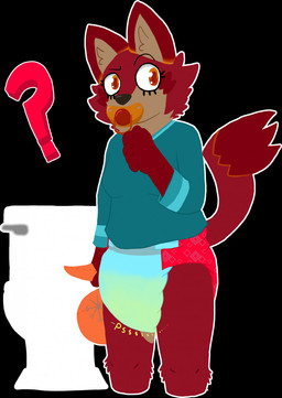 bodily_fluids clothed clothing diaper extruded_text female fur genital_fluids hair object_in_mouth pacifier pacifier_in_mouth plushie psssh question_mark raised_tail shirt simple_background smile solo sound_effects standing tail text toilet topwear unclean_diaper urine used_diaper vowelless vowelless_sound_effect wearing_diaper wet_diaper wetting nascentdoom canid canine fox mammal 2022 hi_res