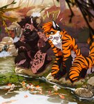 anthro autumn brown_body brown_fur countershading duo ear_piercing facial_piercing fluffy fluffy_tail forest forest_background fur grass happy lily_pad male male/male nature nature_background nose_piercing nose_ring orange_body orange_fur outside piercing plant pond raccoon_tail ring_piercing scenery septum_piercing tail tree water dden009 erin_(thirteenhyenas) rocky_(r0ckabitt) amur_carp carp cyprinid cypriniform felid fish hybrid hyena koi mammal marine pantherine spotted_hyena tiger typical_carp hi_res warm_colors