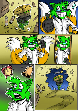 adjusting_glasses after_transformation alarm_clock anthro bell big_teeth black_clothing black_gloves black_handwear blue_eyes clock clothing coat damaged_wall destruction eyewear fur gesture glasses gloves green_head grey_eyewear grey_glasses grin grinning_at_viewer hand_gesture hand_on_hip handwear lab_coat laboratory loki_mask looking_at_mirror looking_at_object looking_at_self male mask mask_transformation mirror narrowed_eyes personality_change realization smile smiling_at_viewer smug_grin solo sparkles squint thumbs_up toothy_grin topwear tornado transformation transformative_mask wearing_glasses wide_eyed yellow_body yellow_fur guladibujante sega sonic_the_hedgehog_(series) the_mask miles_prower canid canine fox mammal 2025 absurd_res colored comic crossover hi_res