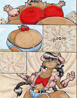 anthro belly belly_expansion belt big_belly big_breasts black_hair body_expansion bottomwear breast_expansion breasts brown_body brown_eyes brown_fur building butt butt_expansion clothed clothing crater crop_top expansion explosion female footwear fur gloves hair handwear huge_belly huge_breasts hyper hyper_belly inflation navel nipple_outline pyramid shirt shorts solo tan_body tan_fur teeth thick_thighs thigh_expansion topwear virus-20 june_coyote canid canine canis coyote mammal 2016 comic traditional_media_(artwork)