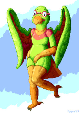 anthro blush eyewear feet female flat_chested goggles green_body nude simple_background solo talons toes wings flygon_(artist) norworth_(pawn) aarakocra_(dnd) avian bird parrot digital_media_(artwork) dithering pixel_(artwork)