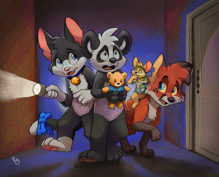 anthro bell bell_collar biped black_body black_fur black_nose blue_collar blue_eyes cheek_tuft chest_tuft collar door facial_tuft fangs featureless_crotch female female_feral feral flashlight front_view fur glistening glistening_eyes group holding_flashlight holding_object holding_plushie inside logo male male_anthro mouth_closed navel nude open_mouth pink_nose plushie quadruped red_tongue riding scared standing teeth tongue tuft white_body white_fur yellow_sclera young young_anthro young_male pandapaco parinton bear canid canine domestic_cat felid feline felis fox giant_panda mammal mouse murid murine rodent artist_logo signature