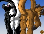 anthro bent_over black_body black_fur black_hair black_nose brown_body brown_eyes brown_fur butt countershading duo eyelashes female fur genitals gloves_(marking) gradient_background hair looking_at_viewer looking_back markings nude presenting presenting_hindquarters pussy raised_tail rear_view simple_background tail white_body white_fur yellow_eyes lysozyme mammal mephitid skunk