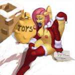 1:1 2015 anthro anthrofied areola bedroom_eyes big_breasts bottomless breasts christmas clothed clothing condom digital_media_(artwork) equid equine erect_nipples feathered_wings feathers female fluttershy_(mlp) friendship_is_magic gloves half-closed_eyes handwear hasbro holidays kevinsano legwear looking_at_viewer mammal mouth_hold my_little_pony mythological_creature mythological_equine mythology narrowed_eyes nipples open_clothing open_shirt open_topwear pegasus seductive sexual_barrier_device shirt solo stockings topwear wings yellow_body yellow_feathers