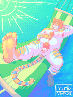 5_toes anthro armpit_hair balls belly biped body_hair chest_tuft feet flaccid foreskin genitals glans glistening glistening_genitalia glistening_glans glistening_penis hair hammock hand_behind_head happy_trail humanoid_genitalia humanoid_penis lying male nipples nude on_back overweight overweight_male partially_submerged penis plantigrade pubes retracted_foreskin ring sleeping smile solo sound_effects stripes tail toes tuft vowelless vowelless_sound_effect water whiskers zzz naudiz_(artist) bryce_davonport felid hybrid mammal mustelid otter pantherine tiger 3:4 absurd_res hi_res