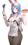 apron blue_hair breasts bunny_costume carrot clothed clothing costume female food hair holding_object legwear leotard orange_eyes pantyhose plant plate solo spatula tools vegetable bow_(artist) hololive vtuber usada_pekora animal_humanoid humanoid lagomorph lagomorph_humanoid leporid_humanoid mammal mammal_humanoid rabbit_humanoid