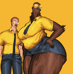 accessory anthro arm_tuft beak belly bent_arm big_breasts big_sunglasses biped black_beak black_bottomwear black_clothing black_eyebrows black_eyes black_miniskirt black_necktie black_pants black_skirt bottomwear breasts brown_body brown_facial_hair brown_feathers brown_hair brown_mustache closed_smile clothed clothed_anthro clothed_female clothed_human clothed_male clothing collarbone collared_shirt curved_eyebrows duo elbow_tuft eyebrows eyewear facial_hair feather_tuft feathers female fully_clothed fully_clothed_anthro fully_clothed_female fully_clothed_human fully_clothed_male glistening glistening_arms glistening_beak glistening_body glistening_bottomwear glistening_clothing glistening_eyewear glistening_feathers glistening_legs glistening_miniskirt glistening_pants glistening_shirt glistening_skirt glistening_sunglasses glistening_thighs glistening_topwear hair hand_on_leg hand_on_own_leg hand_on_own_thigh hand_on_thigh head_tuft head_turned huge_thighs iris larger_anthro larger_female legs_together light_body light_hair light_skin looking_aside looking_at_another male miniskirt monotone_background monotone_body monotone_feathers monotone_skin mouth_closed mustache neck_tuft necktie no_pupils non-mammal_breasts open_mouth pants pink_tongue pose shirt shocked short_hair short_sleeves simple_background size_difference skirt slightly_chubby slightly_chubby_anthro slightly_chubby_female smaller_human smaller_male smile standing sunglasses teeth thick_thighs three-quarter_view tongue topwear tuft upskirt wearing_sunglasses white_sclera wide_hipped_anthro wide_hipped_female wide_hips yellow_background yellow_clothing yellow_eyewear yellow_shirt yellow_sunglasses yellow_topwear quattrant liberty_mutual limu_emu avian bird emu human mammal ratite 2025 absurd_res digital_drawing_(artwork) digital_media_(artwork) hi_res yellow_theme
