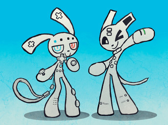 ambiguous_gender anthro biped controller duo game_controller gradient_background long_ears nintendo_controller one_eye_closed power_button pushbotton pushbutton simple_background smile standing white_body wii_remote wink ribcageroom nintendo wii ambiguous_species animate_inanimate hi_res