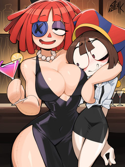 accessory alcohol alcohol_consumption arm_around_another arm_around_neck beverage big_breasts black_clothing black_dress blush bodily_fluids bottomwear bow_ribbon breasts brown_hair button_(fastener) button_eyes clothing collared_shirt detailed_background doll dress dress_shirt drunk duo embarrassed eyelashes featureless_hands female female/female fool's_hat gem glistening_eyelids hair hair_accessory hair_bow hair_ribbon hat headgear headwear huge_breasts jewelry looking_at_breasts miniskirt navel_outline necklace noseless pale_skin pearl_(gem) pearl_necklace rag_doll_(toy) red_hair ribbons seam_(sewing) shirt size_difference skirt small_breasts small_waist substance_intoxication sweat tan_body topwear triangle_nose undone_tie wide_hips sleakj3 glitch_productions the_amazing_digital_circus pomni_(tadc) ragatha_(tadc) animate_inanimate fabric_creature human humanoid living_doll living_toy mammal hi_res