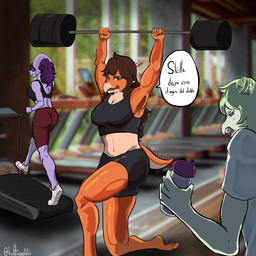 anthro big_breasts black_bottomwear black_bra black_clothing black_shorts black_sports_bra black_underwear bottle bottomwear bra breasts brown_hair bubble_butt butt clothed clothed_anthro clothed_female clothing container detailed_background dialogue exercise facial_horn feet female fingers frill_(anatomy) green_hair group gym hair hair_bun holding_bottle holding_container holding_object holding_water_bottle horn humanoid_feet humanoid_hands inside kneeling long_hair muscular muscular_anthro muscular_arms muscular_female muscular_legs navel non-mammal_breasts non-mammal_navel on_one_knee open_mouth orange_body plantigrade purple_body purple_hair red_bottomwear red_clothing red_eyes red_shorts shirt shorts spandex spandex_shorts speech_bubble spiked_tail spikes spikes_(anatomy) sports_bra tail talking_to_another tan_body text tight_bottomwear tight_clothing tight_shorts tired toes topwear treadmill trio underwear walking water_bottle weightlifting white_clothing white_shirt white_topwear workout anfitrionaaa goodbye_volcano_high ko_op_(game_developer) rosa_(gvh) stella_(gvh_beta) trish_(gvh) aquilops ceratopsian ceratopsid chasmosaurine dinosaur marginocephalian ornithischian prehistoric_species reptile scalie stegosaurian stegosaurus thyreophoran triceratops 1:1 absurd_res artist_name colored hi_res shaded spanish_text