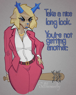 angry anthro baseball_bat bat_(object) belt blazer blonde_hair blue_eyes blue_eyeshadow blue_lips blue_makeup blue_nose bottomwear breasts brown_body brown_fur cleavage clothed clothing collarbone collared_shirt dialogue eyeshadow female frown fur hair hands_on_hips horn jewelry lips makeup mature_anthro mature_female melee_weapon navel necklace pants popped_collar scowl shirt simple_background solo suit_jacket talking_to_viewer text topwear weapon wrinkles selfdestructking deltarune undertale_(series) yakuza:_like_a_dragon yakuza_(series) carol_holiday ichiban_kasuga deer mammal new_world_deer reindeer 4:5 colored_line_art english_text portrait three-quarter_portrait