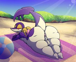 anthro anus backsack ball balls beach beach_ball beach_towel big_butt biped butt crossed_arms detailed_background fangs forked_tongue genitals huge_butt inflatable looking_at_viewer looking_back looking_back_at_viewer male multicolored_body nude nude_anthro nude_male outside puffy_anus purple_body raised_tail rear_view red_sclera solo tail tan_body teeth thick_thighs tongue tongue_out towel two_tone_body white_eyes iguanasarecool nintendo pokemon fan_character grape_soda_(nya4) generation_5_pokemon pokemon_(species) snivy 2025 hi_res