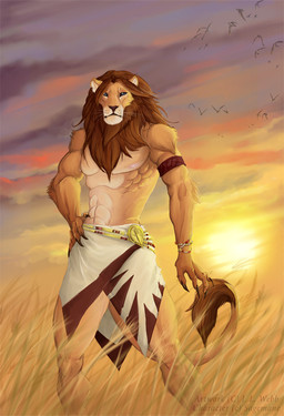 5_fingers abs anthro armband biped black_sclera bracelet brown_hair claws clothed clothing cloud day fingers front_view fur grass hair hand_on_hip jewelry looking_at_viewer male muscular muscular_anthro muscular_male nipples outside plant sky solo standing sun sunset tail tail_tuft tan_body tan_fur topless tuft whiskers jeddibub felid lion mammal pantherine 2008 digital_media_(artwork) portrait three-quarter_portrait