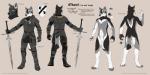 animal_genitalia anthro armor blue_eyes clothed clothing coat_of_arms crest_(heraldry) feet fullplate_armor fully_clothed fully_sheathed fur genitals grey_background grey_body grey_fur headgear helmet hindpaw holding_object knight longsword looking_away looking_up male melee_weapon nude pawpads paws sheath simple_background solo standing sword symbol text warrior weapon white_body white_fur fuckie okami_the_wolf_knight canid canine canis mammal wolf 2:1 english_text hi_res model_sheet