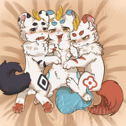 anus balls black_tail blue_tail blush feral fur genitals group male male/male open_mouth red_tail round_ears tail teeth tongue tongue_out trio white_body white_fur kaoshenmea fabulous_beasts bixie_(fabulous_beasts) qishiqi_(fabulous_beasts) tianlu_(fabulous_beasts) humanoid 1:1 hi_res brother_(lore) brothers_(lore) incest_(lore) sibling_(lore)