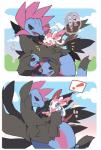 3_heads azuma_minatsu duo eeveelution exclamation_point generation_5_pokemon generation_6_pokemon hydreigon japanese_text multi_head nintendo pokemon pokemon_(species) sylveon text translated