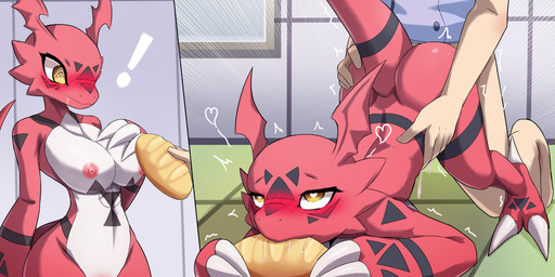anthro areola blush bread breasts butt claws digiphilia faceless_character faceless_male female food interspecies male male/female male_human male_penetrating nipples nude penetration red_body sex zerokun135 bandai_namco digimon digimon_(species) guilmon human mammal 2:1 absurd_res hi_res