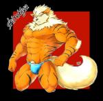 5_fingers abs anthro anthrofied black_eyes bulge clothing fingers fluffy fluffy_tail front_view fur looking_at_viewer male muscular muscular_anthro muscular_male muscular_thighs navel nipples orange_body orange_fur pecs pokemorph pubes simple_background solo standing stripes tail thong underwear shinobiya nintendo pokemon arcanine canid canine generation_1_pokemon mammal pokemon_(species) 2018 hi_res