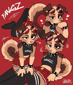 4_fingers anthro arm_tuft black_clothing black_legwear black_shirt black_thigh_highs black_topwear bottomwear bracelet brown_body brown_fur claws clothed clothed_anthro clothed_female clothing collar ear_piercing eye_spot eyebrows eyelashes eyewear eyewear_on_head female female_anthro finger_claws fingers fur heart_symbol jewelry legwear looking_at_viewer lying midriff multicolored_body multicolored_fur on_back on_front piercing red_background red_bottomwear red_clothing red_skirt sharp_teeth shirt shoulder_tuft simple_background skirt solo spiked_bracelet spiked_collar spikes sunglasses sunglasses_on_head tail teeth text text_on_clothing text_on_shirt text_on_topwear thigh_highs topwear tuft jayrnski fang_(jayrnski) canid canine canis domestic_dog mammal 2025 hi_res