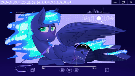 aroused back_wings blue_body blue_hair blue_mane blue_skin blush blushing_profusely body_hair clothing clothing_pull cutie_mark eyelashes feathered_wings feathers female fishnet_stockings flowing_hair flowing_mane fur green_eyes hair hooves horn long_hair looking_at_viewer lying mane monochrome_body moon_symbol number on_back open_mouth pattern_background pose princess royalty simple_background smile solo straps translucent underwear underwear_pull wings moonlight_kylin friendship_is_magic hasbro my_little_pony mythology princess_luna_(mlp) equid equine horse mammal mythological_creature mythological_equine pony winged_unicorn 16:9 2026 4k absurd_res full-length_portrait hi_res monochrome pinup portrait widescreen