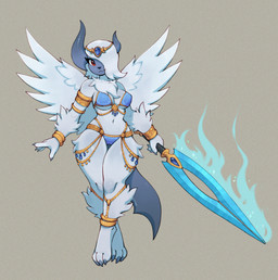 3_toes 4_fingers anthro arm_tuft armlet bikini black_nose bracelet breasts camel_toe clothed clothed_anthro clothed_female clothing curvy_figure eyelashes feet female fingers fluffy fluffy_chest glistening glistening_body glistening_breasts glistening_shoulders glistening_thighs gold_(metal) gold_jewelry hourglass_figure jewelry leg_tuft long_eyelashes medium_breasts melee_weapon navel red_eyes simple_background solo swimwear sword toes tuft two-piece_swimsuit weapon white_body wide_hips wings asimos nintendo pokemon generation_6_pokemon mammal mega_absol mega_evolution pokemon_(species) hi_res