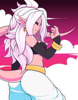 armwear bottomwear breasts clothing colored_nails ear_piercing ear_ring female hair humanoid_pointy_ears long_hair looking_at_viewer nails not_furry pants piercing pink_body pink_skin pointy_ears red_eyes ring_piercing solo white_hair mrsteak dragon_ball dragon_ball_fighterz android_21 majin_android_21 alien alien_humanoid humanoid majin hi_res