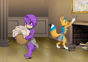 anthro barefoot bucket collar container dipstick_tail duo feet female fireplace firewood fur inside laundry markings multicolored_body multicolored_fur multicolored_tail purple_body purple_fur red_nose slave tail tail_markings young young_anthro young_female the_dark_mangaka disney gummi_bears fiona_gummi_(fan_character) kalima_the_fennec_(fan_character) bear canid canine fennec_fox fox mammal true_fox absurd_res hi_res