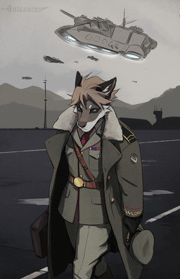 airbase aircraft airship anthro belt blonde_hair blue_eyes bottomwear briefcase brown_body brown_fur cheek_tuft clothed clothing collared_shirt dress_shirt facial_tuft female fully_clothed fur gloves grey_sky hair handwear hat headgear headwear holding_clothing holding_hat holding_headgear holding_headwear holding_object inner_ear_fluff jacket looking_down military_uniform necktie outside overcoat pants shirt short_hair sky solo suit three-quarter_view tie_bar topwear tuft uniform vehicle walking white_body white_fur white_inner_ear_fluff volcanins henrika_kremers canid canine canis domestic_dog mammal hi_res portrait signature three-quarter_portrait