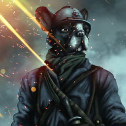 anthro armor black_body black_fur black_nose brown_eyes embers fur headgear helmet male multicolored_body multicolored_fur outside solo smexyoryx battlefield_1 canid canine canis domestic_dog mammal molosser pug small_molosser toy_dog 1:1 hi_res