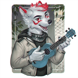 5_fingers anthro black_nose fingers fur lute male musical_instrument open_mouth plucked_string_instrument red_eyes solo string_instrument teeth tongue ukulele white_body white_fur levelviolet reformed_inu canid canine canis mammal wolf 1:1 2020 digital_media_(artwork)