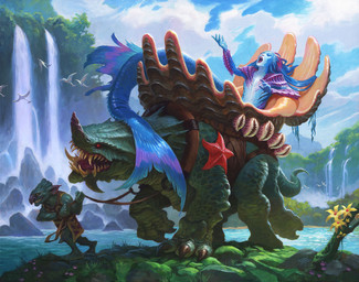 ambiguous_gender blue_body blue_scales detailed_background eyes_closed feral flower forest green_body group lake male open_mouth outside plant riding scales sharp_teeth split_form tail teeth tree water waterfall steve_prescott hasbro magic:_the_gathering wizards_of_the_coast ambient_bird goblin humanoid marine merfolk reptile scalie hi_res official_art