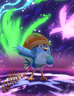 4_fingers anthro beak blue_body blue_feathers blue_paint brown_eyes brush character_signature clothing feather_hair feathers female fingers fluorescent_paint green_paint hat headgear headwear holding_brush holding_object holding_paintbrush paint paint_on_self paint_splatter paintbrush pattern_clothing pattern_hat pattern_headgear pattern_headwear pseudo_hair purple_background purple_lines simple_background solo striped_clothing striped_hat striped_headgear striped_headwear stripes tail tail_feathers tempera_(artwork) yellow_beak mioniviro angry_birds angry_birds_stella rovio_entertainment sega the_angry_birds_movie willow_(angry_birds) avian bird columbid crowned_pigeon pigeon hi_res