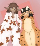 anthro black_hair brown_body clothing duo eyewear fluffy_ears flustered glasses hair horizontal_pupils horn long_hair male onesie pupils simple_background size_difference smile cappuchino khael_(khamii) bovid caprine goat lagomorph leporid mammal rabbit absurd_res hi_res watermark