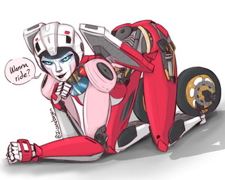 ass_up blue_eyes dialogue female glowing glowing_eyes inviting machine metallic_body not_furry seductive solo speech_bubble tire zicaneborgen hasbro takara_tomy transformers arcee cybertronian humanoid living_machine robot robot_humanoid 5:4