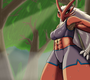 anthro blue_clothing blue_eyes bodily_fluids breasts claws clothing exercise_clothing feathers female female_anthro fluffy fluffy_chest forest_background leaf looking_at_viewer medium_breasts muscular muscular_anthro muscular_female plant red_body red_skin solo solo_focus sweat sweatdrop tree white_body white_feathers yellow_body yellow_sclera yellow_skin burnyburnstein nintendo pokemon blaziken generation_3_pokemon pokemon_(species) digital_media_(artwork) hatching_(art) hi_res shaded