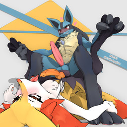 3_fingers 3_toes 4_fingers abs ahegao animal_genitalia animal_penis anthro arm_tuft athletic athletic_male balls balls_touching big_penis biped black_body black_claws black_fur blue_body blue_fur blush canine_genitalia canine_penis claws dipstick_tail duo erection feet finger_claws fingers fur genitals grin heart_symbol inner_ear_fluff knot knotted_penis leg_grab looking_pleasured lying male male/male male_anthro markings multicolored_body multicolored_fur nude_anthro nude_male on_back open_mouth open_smile orange_body orange_eyes orange_fur orange_penis orange_tail pawpads penis pink_pawpads pink_penis pointy_ears prick_ears red_eyes sheath shoulder_stand shoulder_tuft simple_background sitting smile snout spikes spikes_(anatomy) spread_legs spreading tail tail_markings teeth text toe_claws toes tongue tongue_out tuft twitter_handle two_tone_tail white_body white_claws white_fur yellow_body yellow_fur yellow_tail erie51 nintendo pokemon braixen canid generation_4_pokemon generation_6_pokemon lucario mammal pokemon_(species) 1:1 2026 3d_(artwork) artist_name digital_media_(artwork) english_description hi_res