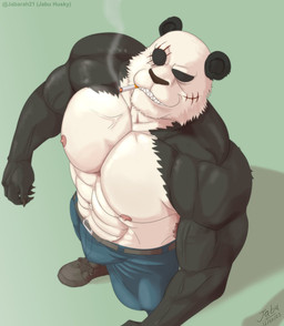 abs anthro belt biceps bottomwear cigarette cigarette_in_mouth cigarette_smoke claws clothed clothing denim denim_bottomwear denim_clothing eye_scar facial_scar footwear fur jeans looking_up male multicolored_body multicolored_fur muscular muscular_anthro muscular_male nipples object_in_mouth pants pecs pink_nipples scar shadow shoes simple_background smoke solo topless tufted_fur vein veiny_muscles jabuhusky beastars gouhin_(beastars) bear giant_panda mammal hi_res
