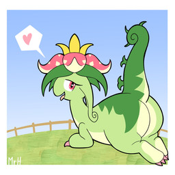 border butt eyelashes female feral green_body heart_symbol looking_at_viewer nude open_mouth plant presenting presenting_hindquarters raised_tail solo tail thick_thighs white_border mr_harinezumi palworld pocketpair dinosaur dinossom elemental_creature flora_fauna pal_(species) prehistoric_species reptile scalie 1:1 absurd_res hi_res