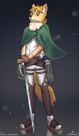 anthro armor cloak clothing fluffy fluffy_tail fur green_cloak green_clothing leather leather_armor light_armor long_tail male melee_weapon smile solo standing sword tail weapon yellow_body yellow_fur xleb0rezka attack_on_titan canid canine mammal digital_media_(artwork) hi_res