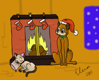 ambiguous_gender boxing clothing day duo feral fire fireplace holidays legwear log quadruped sport stockings tail warm wood yule boobytrapzap christmas solstice canid canine canis colorpoint domestic_cat domestic_dog felid feline felis mammal 2011 low_res