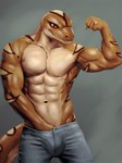 5_fingers abs anthro belly biceps big_biceps big_bulge big_deltoids big_muscles big_pecs bottomwear brown_arms brown_body brown_fingers brown_hands brown_legs brown_markings brown_neck brown_scales brown_spots brown_stripes brown_tail bulge bulge_fondling closed_smile clothed clothed_anthro clothed_male clothing deltoids denim denim_bottomwear denim_clothing fingers fist flexing flexing_bicep flexing_flexor_carpi flexing_pec flirting flirting_with_viewer forearm_muscles front_view glistening glistening_arms glistening_belly glistening_body glistening_chest glistening_face glistening_hands glistening_head glistening_legs glistening_neck glistening_scales glistening_tail grey_background grey_bottomwear grey_clothing grey_jeans grey_pants grin hand_in_pants happy huge_deltoids huge_muscles huge_pecs humanoid_hands jeans light looking_at_viewer male male_anthro manly markings mouth_closed multicolored_body multicolored_markings multicolored_scales muscular muscular_anthro muscular_arms muscular_male navel neck_muscles no_sclera obliques oiled oiled_body open_mouth open_smile orange_eyes pants pecs pose raised_hand red_eyes scales self_grope serratus simple_background smile smiling_at_viewer solo spots spotted_arms spotted_head spotted_markings spotted_tail standing striped_arms striped_legs striped_shoulders stripes tail tail_markings tan_arms tan_body tan_legs tan_neck tan_scales tan_spots tan_stripes tan_tail tight_bottomwear tight_clothing topless topless_anthro topless_male trapezius two_tone_arms two_tone_body two_tone_legs two_tone_markings two_tone_neck two_tone_scales two_tone_spots two_tone_stripes two_tone_tail bleakcat handofblades reptile scalie snake 2021 colored digital_drawing_(artwork) digital_media_(artwork) half-length_portrait portrait shaded