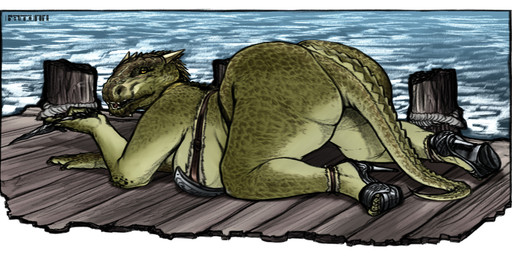anthro big_breasts big_butt bikini bikini_top breasts butt clothing female female_anthro footwear green_body green_skin high_heels holding_object horn huge_butt knife long_tail orange_eyes overweight overweight_anthro overweight_female seaside shoes solo swimwear tail thick_thighs two-piece_swimsuit wide_hips band1tnsfw bethesda_game_studios microsoft skyrim the_elder_scrolls deeja argonian lizard reptile scalie absurd_res digital_drawing_(artwork) digital_media_(artwork) digital_painting_(artwork) hi_res painting_(artwork) portrait