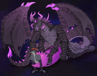 4_arms 6_eyes anthro balls big_balls big_penis black_body blade bodily_fluids cock_vore dripping duo fangs flared_penis genital_fluids genitals hand_on_penis horn huge_balls huge_penis hyper hyper_balls hyper_genitalia hyper_penis knot knotted_penis male male/male multi_arm multi_eye multi_limb open_mouth penile penile_spines penis precum precum_drip purple_glow purple_penis questionable_consent ridged_penis spread_wings surprised tail tail_blade teeth tongue tongue_out vore weapon_tail wings v-v mythology corinoch damien_(snakehead404) bovid caprine dragon goat mammal mythological_creature mythological_scalie scalie absurd_res hi_res