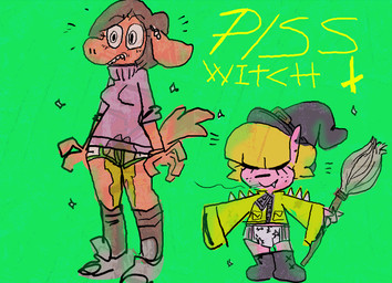 age_regression ageplay alternative_fashion anthro blonde_hair bodily_fluids boots bottomwear broom brown_hair cigarette cleaning_tool clothing cross diaper duo ear_piercing embarrassed female female/female footwear fur genital_fluids goth hair hair_over_eye hat headgear headwear infantilism inverted_cross jacket magic_user one_eye_obstructed panties peeing piercing pink_body pink_fur purple_clothing purple_sweater purple_topwear roleplay sharp_teeth shoes simple_background size_difference smoking spikes sweater teeth text topwear underwear urine wet wetting witch witch_hat young cate_wurtz unknown_species english_text