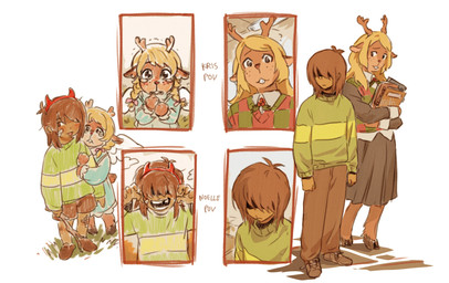 anthro blonde_hair book bottomwear brown_hair clothing duo female freckles green_clothing green_shirt green_topwear hair horn male shirt simple_background skirt text topwear white_background meltsmelts deltarune undertale_(series) kris_dreemurr noelle_holiday deer human mammal new_world_deer reindeer 2025 hi_res nonbinary_(lore)