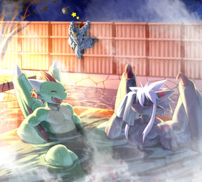 anthro athletic bath big_muscles bottomwear climbing cloth clothing eyes_closed fence fin fluffy fluffy_tail fur green_body green_skin grey_body grey_fur grey_skin group hair hammer horn long_hair looking_at_another male markings membrane_(anatomy) membranous_wings muscular open_mouth pants peeping plant red_hair red_markings sauna sharp_teeth short_snout slim smile snout spikes star tail teeth tongue tools tree white_hair wings wood wood_fence kurogon mythology canid canine dragon mammal mythological_creature mythological_scalie reptile scalie