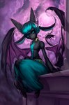 2_horns anthro blue_eyes breasts clothed clothing cloud collar detailed_background female fur hair horn lips moon mouth_closed night outside paws shadow sitting sky solo tail wings umikit unknown_species 2016 digital_media_(artwork) hi_res painting_(artwork)