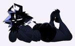 anthro black_body black_fur blue_clothing clothing ear_piercing ear_ring femboy fur horn huge_thighs lying male on_front piercing ring_piercing solo spade_tail tail thick_thighs xexeezy lucy_(xexeezy) bovid caprine caprine_demon demon goat goat_demon mammal