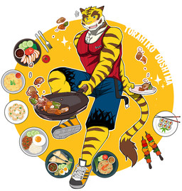 abs anthro barbecue biceps blue_eyes blush chef chest_tuft chopsticks clothed clothing cooking cutlery dumplings egg eyebrows food fork fruit fur kitchen_utensils knife male muscular muscular_anthro muscular_male pecs pink_nose plant plate shirt solo states stripes summer sushi systemic tank_top thick_eyebrows tomato tools topwear tuft white_body white_fur bearlovestiger13 morenatsu torahiko_ooshima felid mammal pantherine tiger 2016